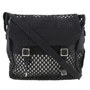 Christian Dior Messenger Shoulder Bag Mesh Canvas Black Crossbody Belt Clasp